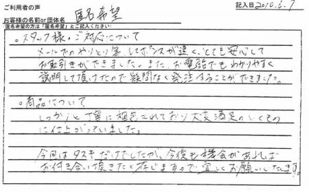 お電話でもわかりやすく説明して頂けたので疑問なく発注することができました。