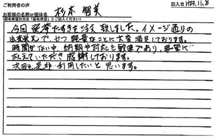 イメージ通りの出来栄えでかつ軽量なことに大変満足しております。